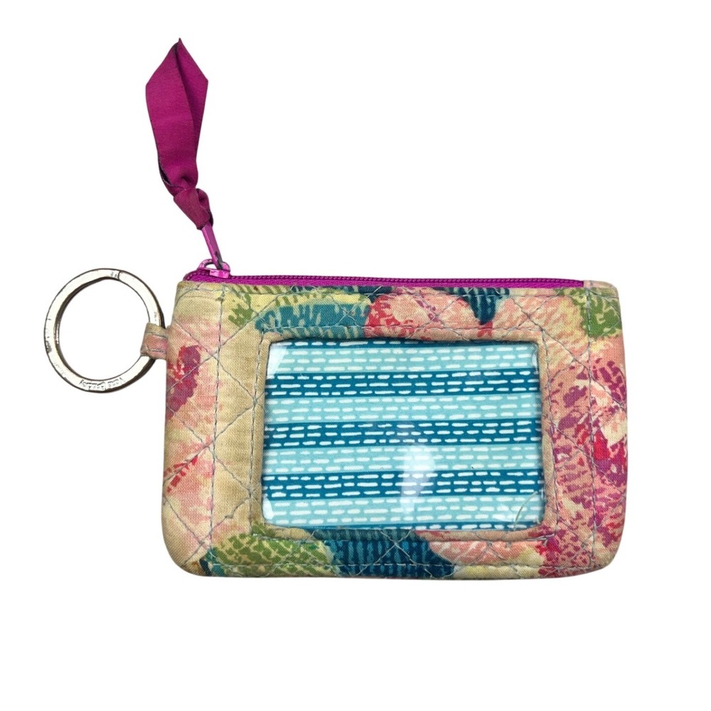 Vera Bradley Quilted Floral Zip ID Case Keychain Wallet Pink Green Boho Chic